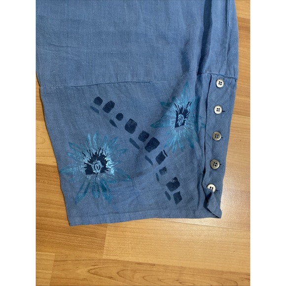 Blue Fish Hand Painted 100% Linen Wide Barrel Leg Blue Floral Artsy Size 1 - Picture 2 of 12